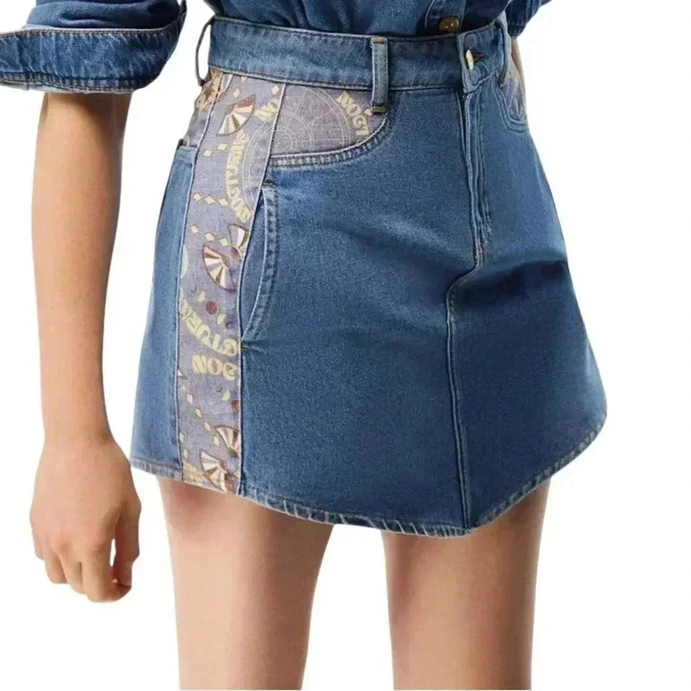 Nocturne Printed Denim Mini Skirt Blue Jean Graphic Trim NWT XS & L